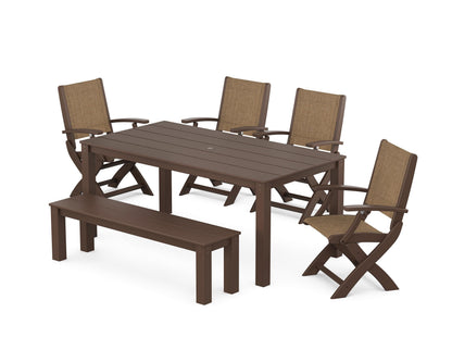 POLYWOOD® Coastal Folding Chair 6-Piece Parsons Dining Set with Bench in Mahogany / Burlap Sling