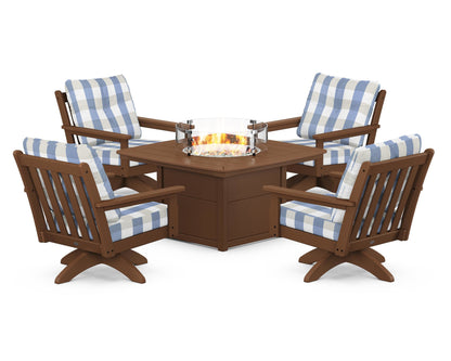 POLYWOOD® Vineyard 5-Piece Deep Seating Swivel Conversation Set with Fire Pit Table in Teak / Buffalo Plaid Sky Blue