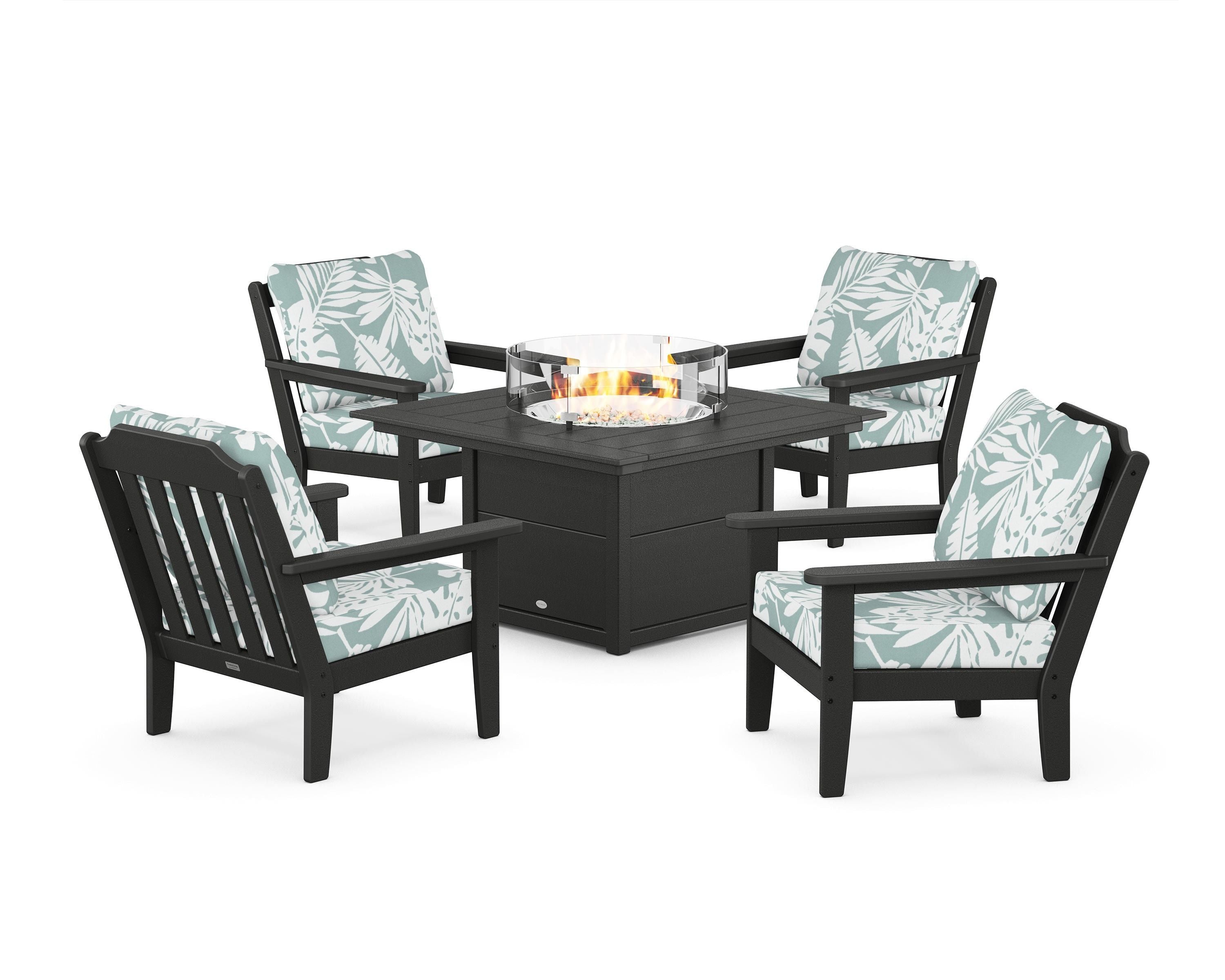 Country Living Cottage 5-Piece Deep Seating Set with Fire Pit Table in Black / Leaf Glacier Spa
