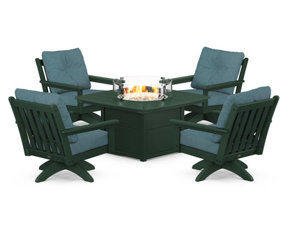 POLYWOOD® Vineyard 5-Piece Deep Seating Swivel Conversation Set with Fire Pit Table in Green / Ocean Teal