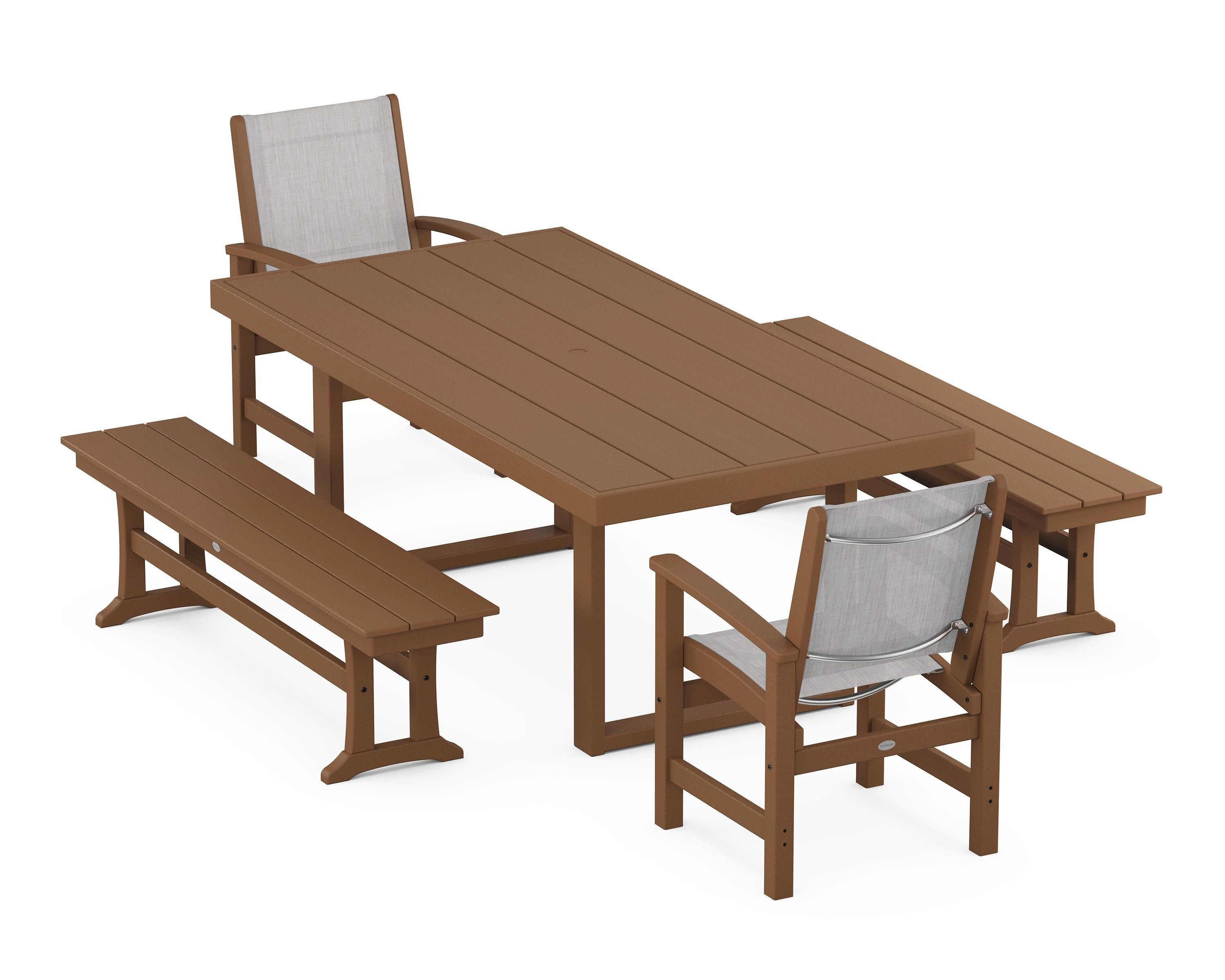POLYWOOD® Coastal 5-Piece Dining Set with Trestle Legs in Teak / Parchment Sling