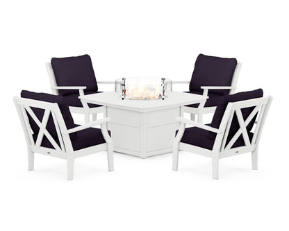 POLYWOOD® Braxton 5-Piece Deep Seating Conversation Set with Fire Pit Table in White / Navy Linen