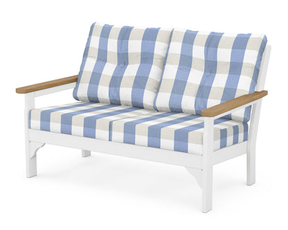POLYWOOD® Vineyard Deep Seating Loveseat in White / Natural / Buffalo Plaid Sky Blue