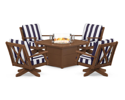 POLYWOOD® Braxton 5-Piece Deep Seating Swivel Conversation Set with Fire Pit Table in Teak / Cabana Stripe Navy
