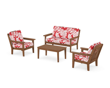 Country Living Cottage 4-Piece Deep Seating Set with Loveseat in Teak / Leaf Crimson