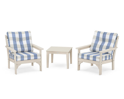 POLYWOOD® Vineyard 3-Piece Deep Seating Set in Sand / Buffalo Plaid Sky Blue