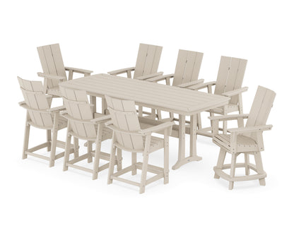 POLYWOOD® Modern Curveback Adirondack Swivel 9-Piece Counter Set with Trestle Legs in Sand