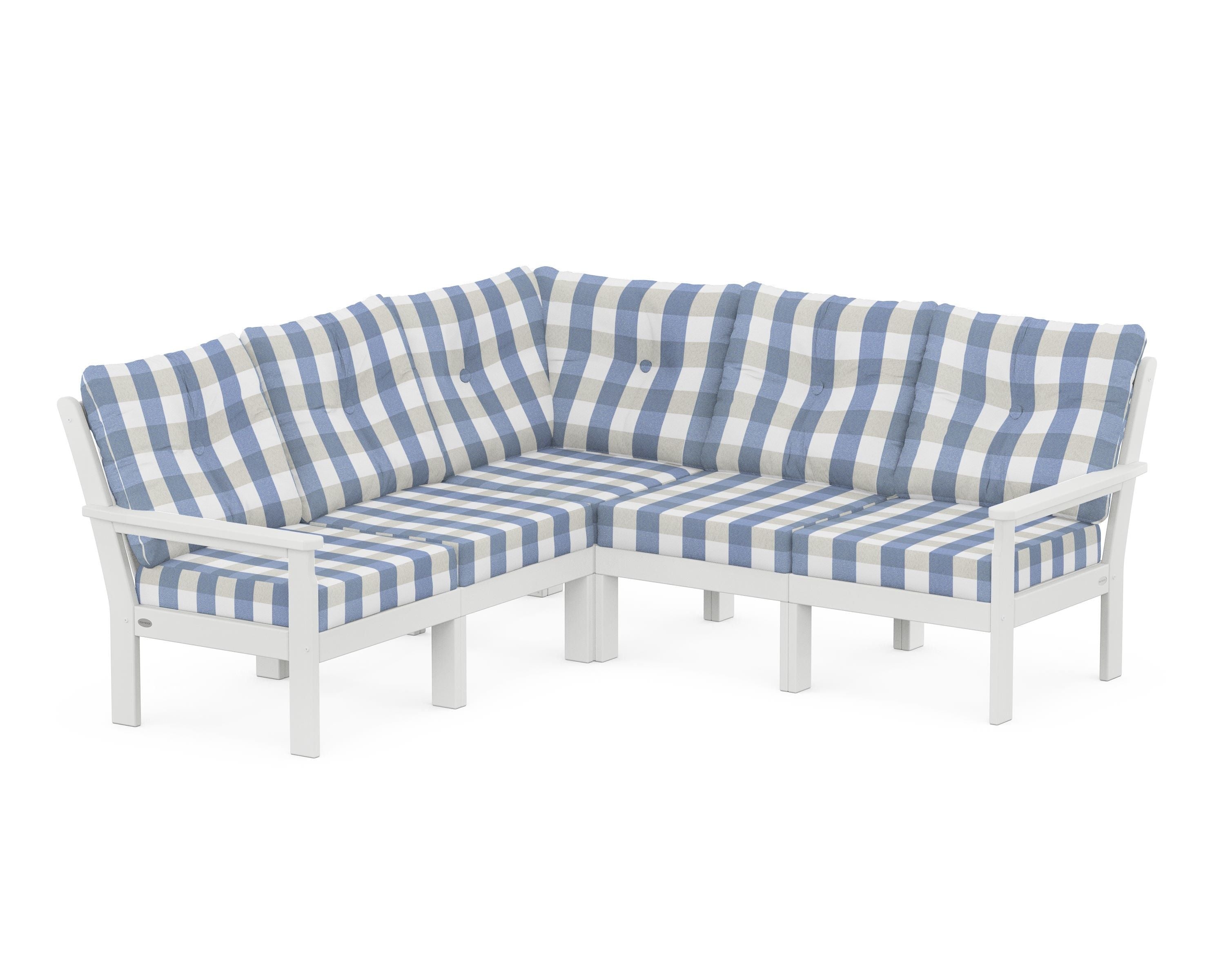 POLYWOOD® Vineyard 5-Piece Sectional in White / Buffalo Plaid Sky Blue