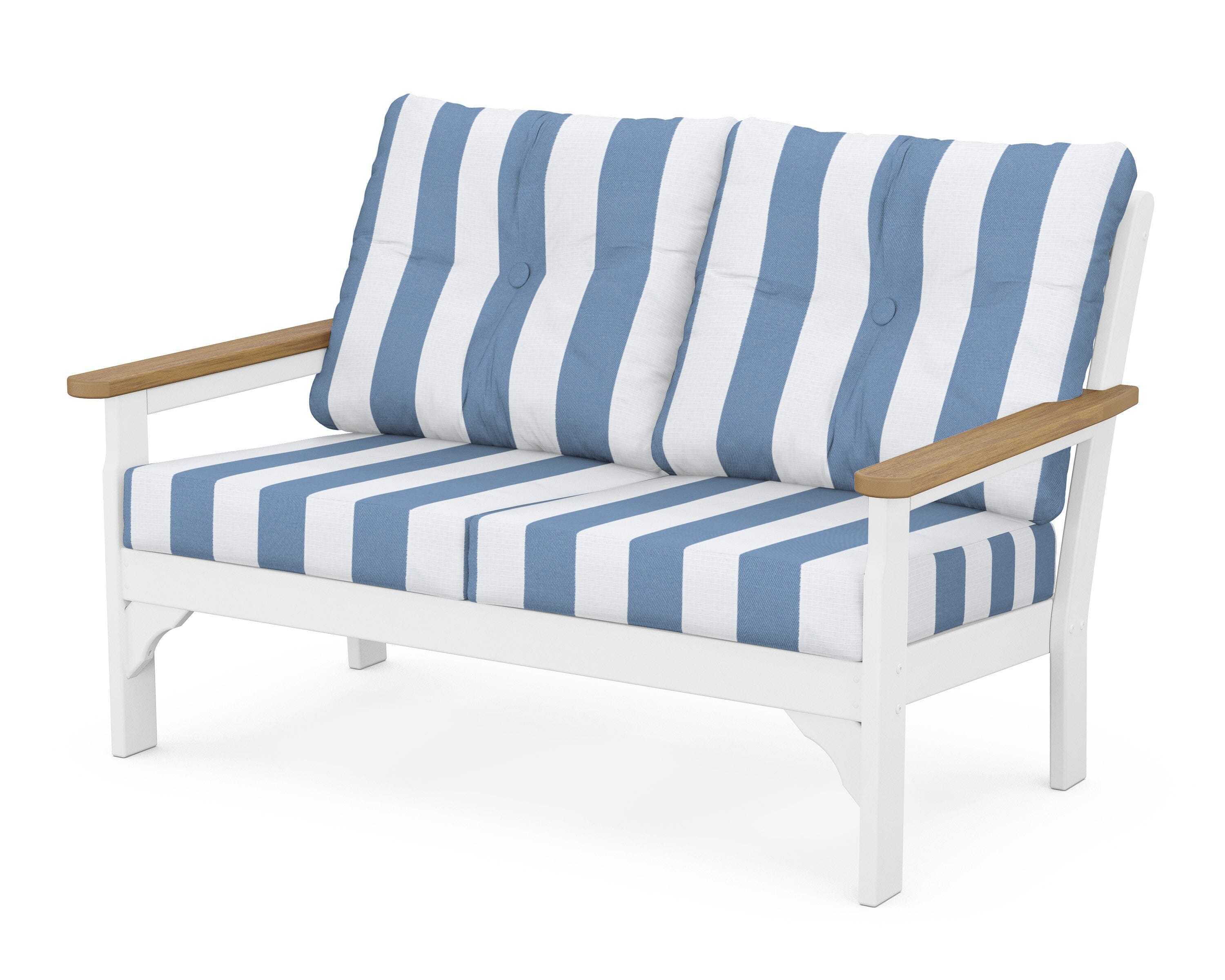 POLYWOOD® Vineyard Deep Seating Loveseat in White / Natural / Cabana Stripe Sky Blue