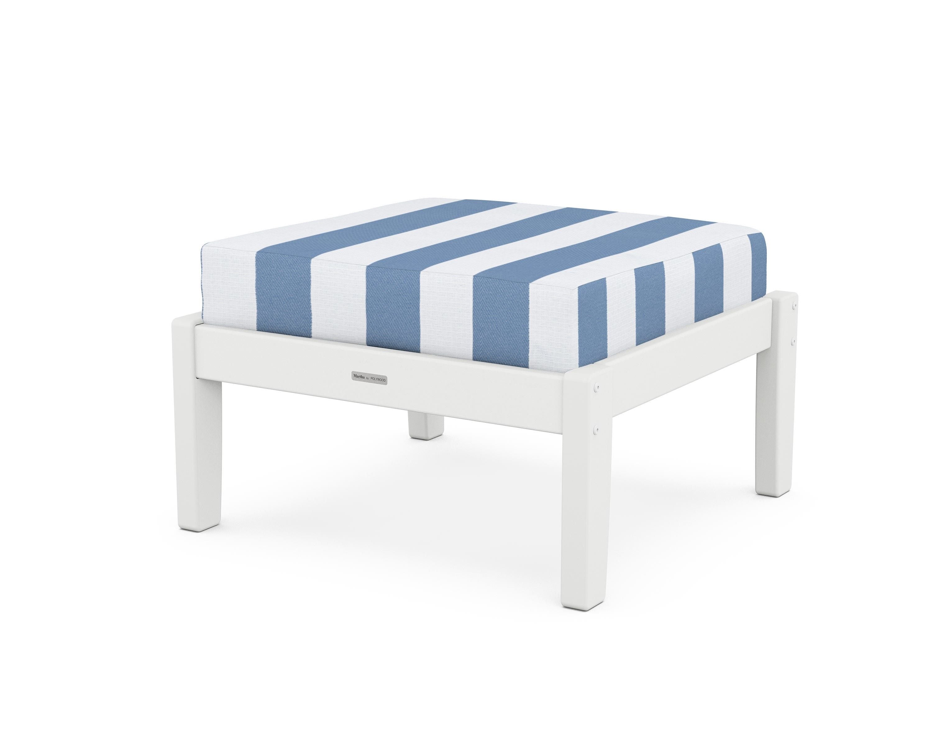Martha Stewart by POLYWOOD® Chinoiserie Deep Seating Ottoman in White / Cabana Stripe Sky Blue