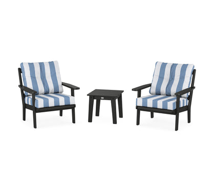 POLYWOOD® Oxford 3-Piece Deep Seating Set in Black / Cabana Stripe Sky Blue
