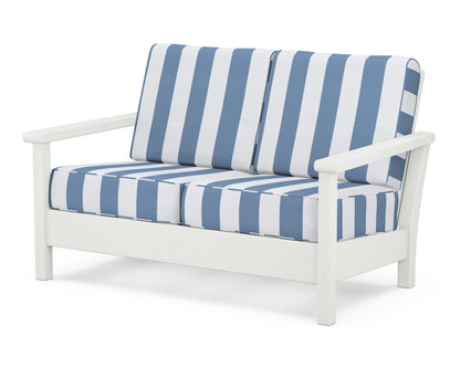 POLYWOOD® Harbour Deep Seating Loveseat in Vintage White / Cabana Stripe Sky Blue