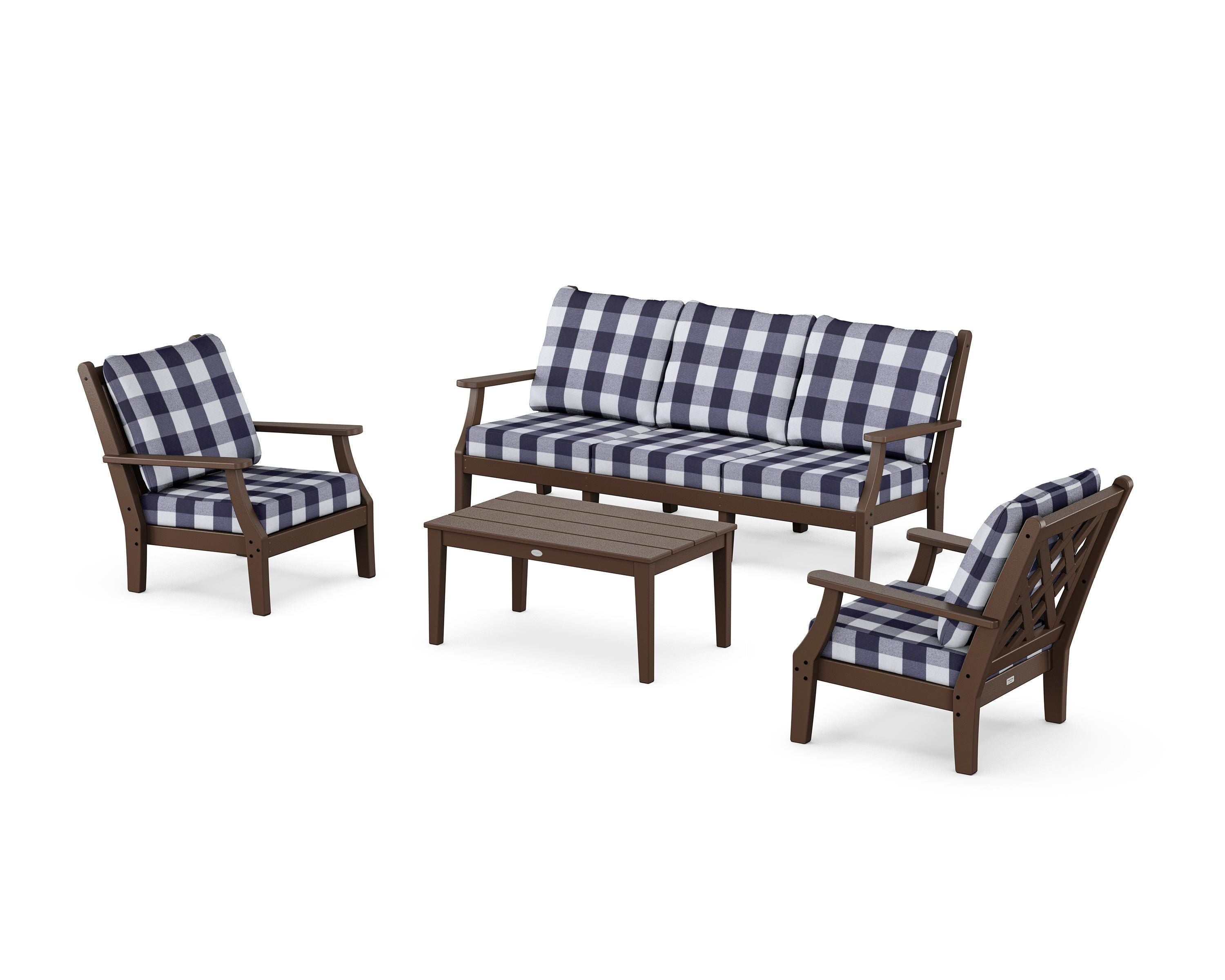 Country Living Wovendale 4-Piece Deep Seating Set with Sofa in Mahogany / Buffalo Plaid Navy