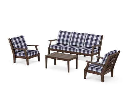 Country Living Wovendale 4-Piece Deep Seating Set with Sofa in Mahogany / Buffalo Plaid Navy
