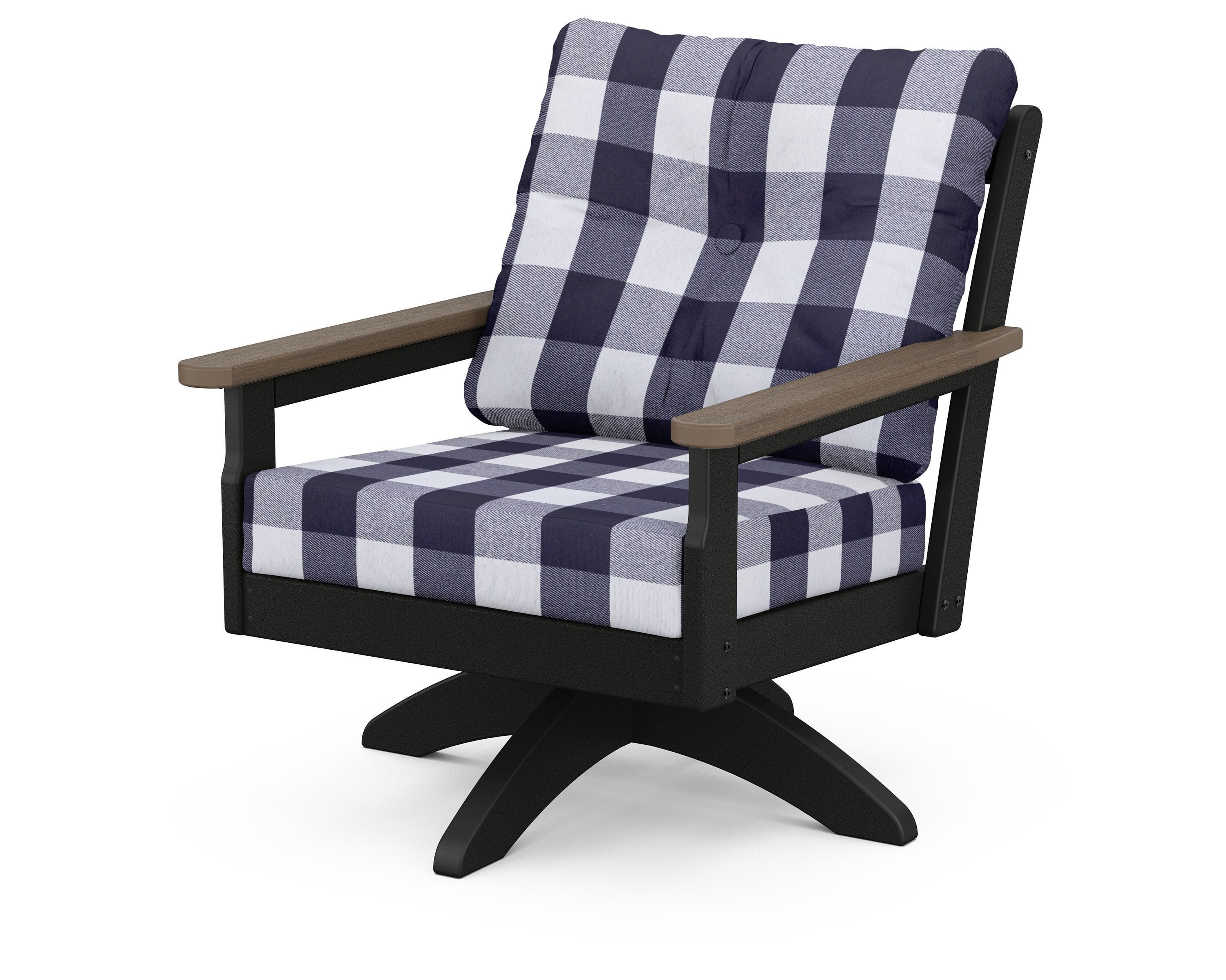 POLYWOOD® Vineyard Deep Seating Swivel Chair in Black / Kona / Buffalo Plaid Navy