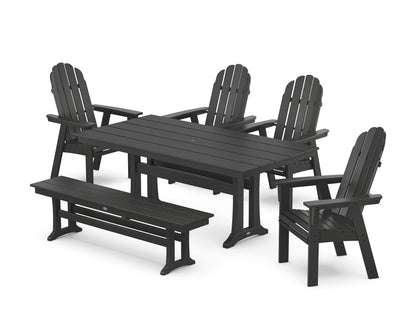 POLYWOOD® Vineyard Curveback Adirondack Chair 6-Piece Farmhouse Dining Set with Trestle Legs and Bench in Black