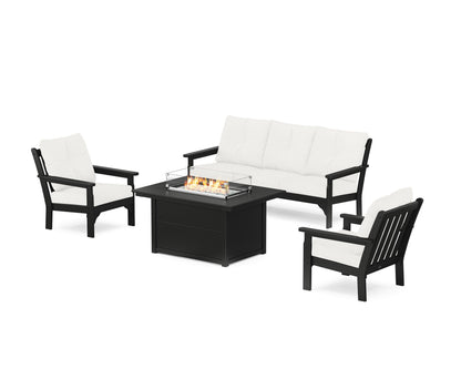 POLYWOOD® Vineyard Deep Seating Fire Pit Table Set in Black / Natural Linen
