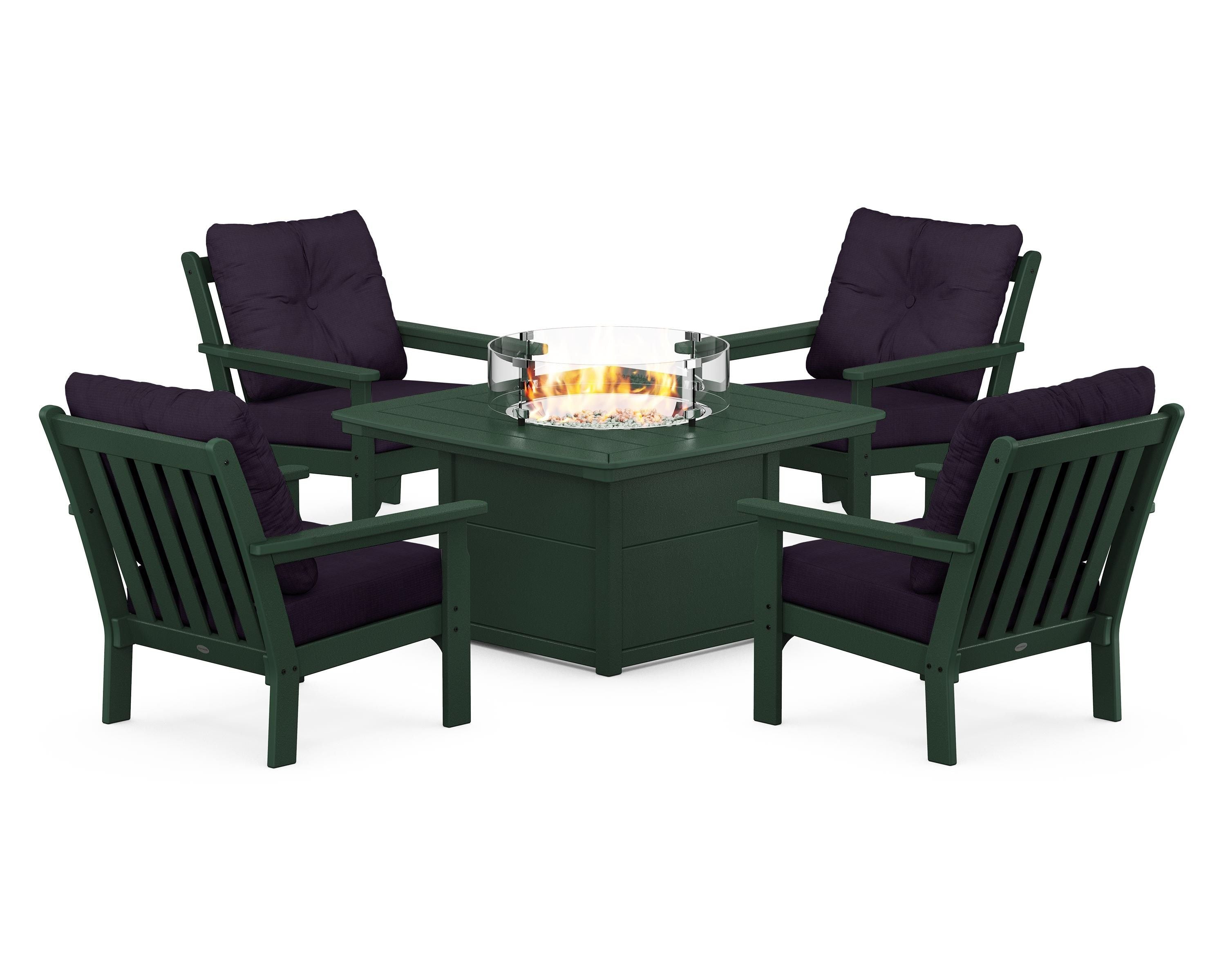 POLYWOOD® Vineyard 5-Piece Conversation Set with Fire Pit Table in Green / Navy Linen