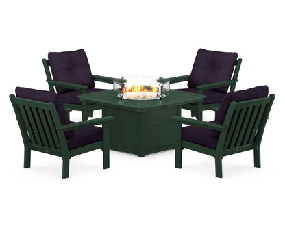 POLYWOOD® Vineyard 5-Piece Conversation Set with Fire Pit Table in Green / Navy Linen