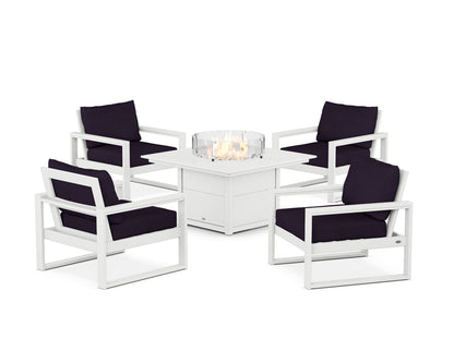 POLYWOOD® EDGE Sectional 5-Piece Deep Seating Set with Fire Pit Table in White / Navy Linen