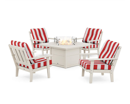 POLYWOOD® Oxford 5-Piece Deep Seating Set with Fire Pit Table in Sand / Cabana Stripe Crimson