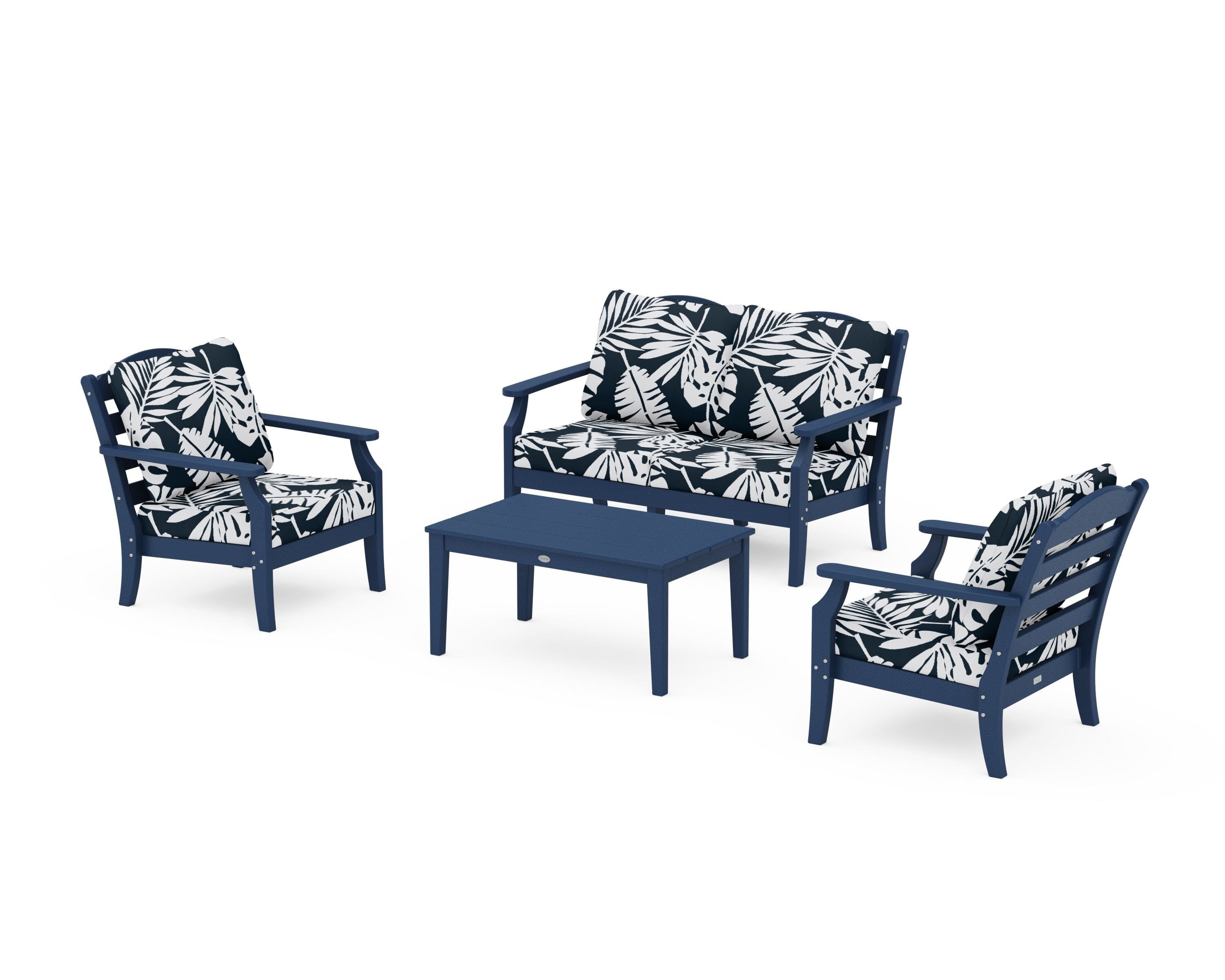 Draper James™ by  POLYWOOD® Savannah 4-Piece Deep Seating Set with Loveseat in Navy / Leaf Marine Indigo