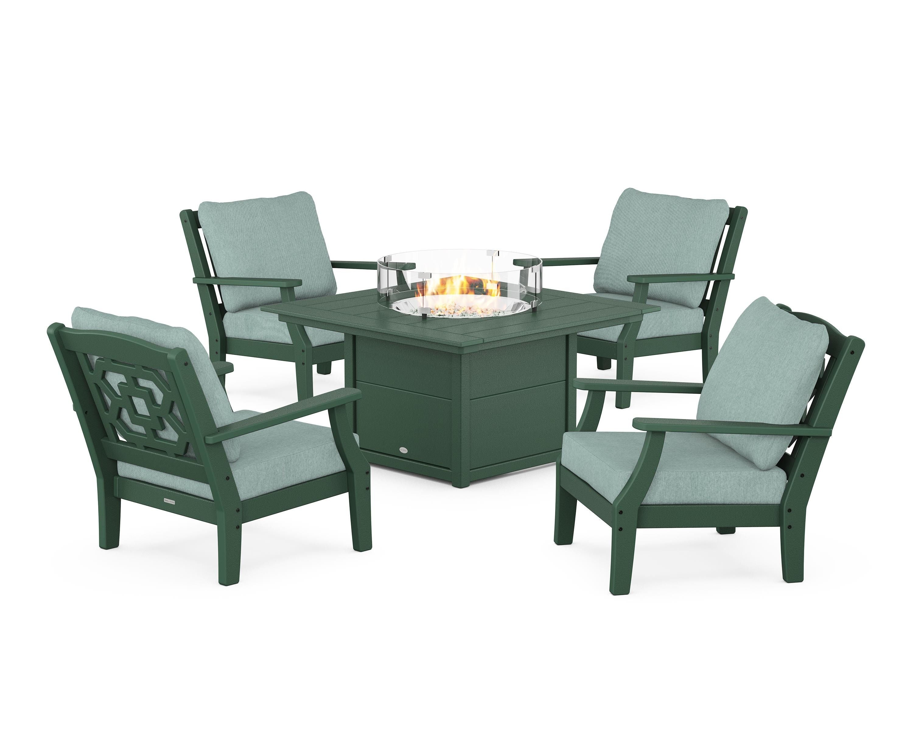 Martha Stewart by POLYWOOD® Chinoiserie 5-Piece Deep Seating Set with Fire Pit Table in Green / Glacier Spa
