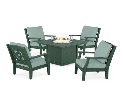 Martha Stewart by POLYWOOD® Chinoiserie 5-Piece Deep Seating Set with Fire Pit Table in Green / Glacier Spa
