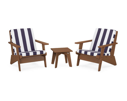 POLYWOOD® Riviera Modern Lounge 3-Piece Set in Teak / Cabana Stripe Navy
