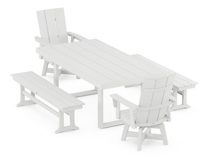POLYWOOD® Modern Adirondack Swivel Chair 5-Piece Dining Set with Benches in White