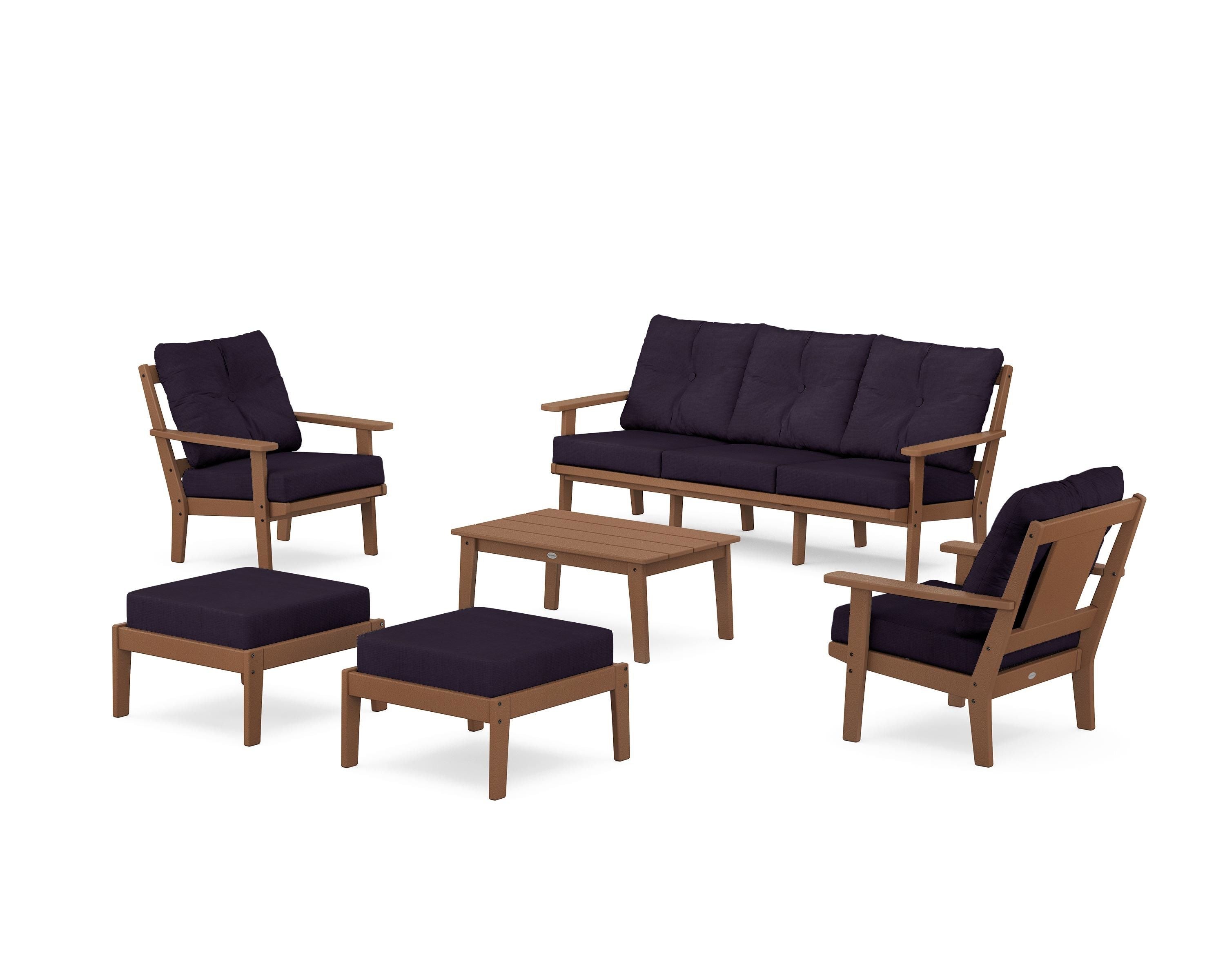 POLYWOOD® Prairie 6-Piece Lounge Sofa Set in Teak / Navy Linen
