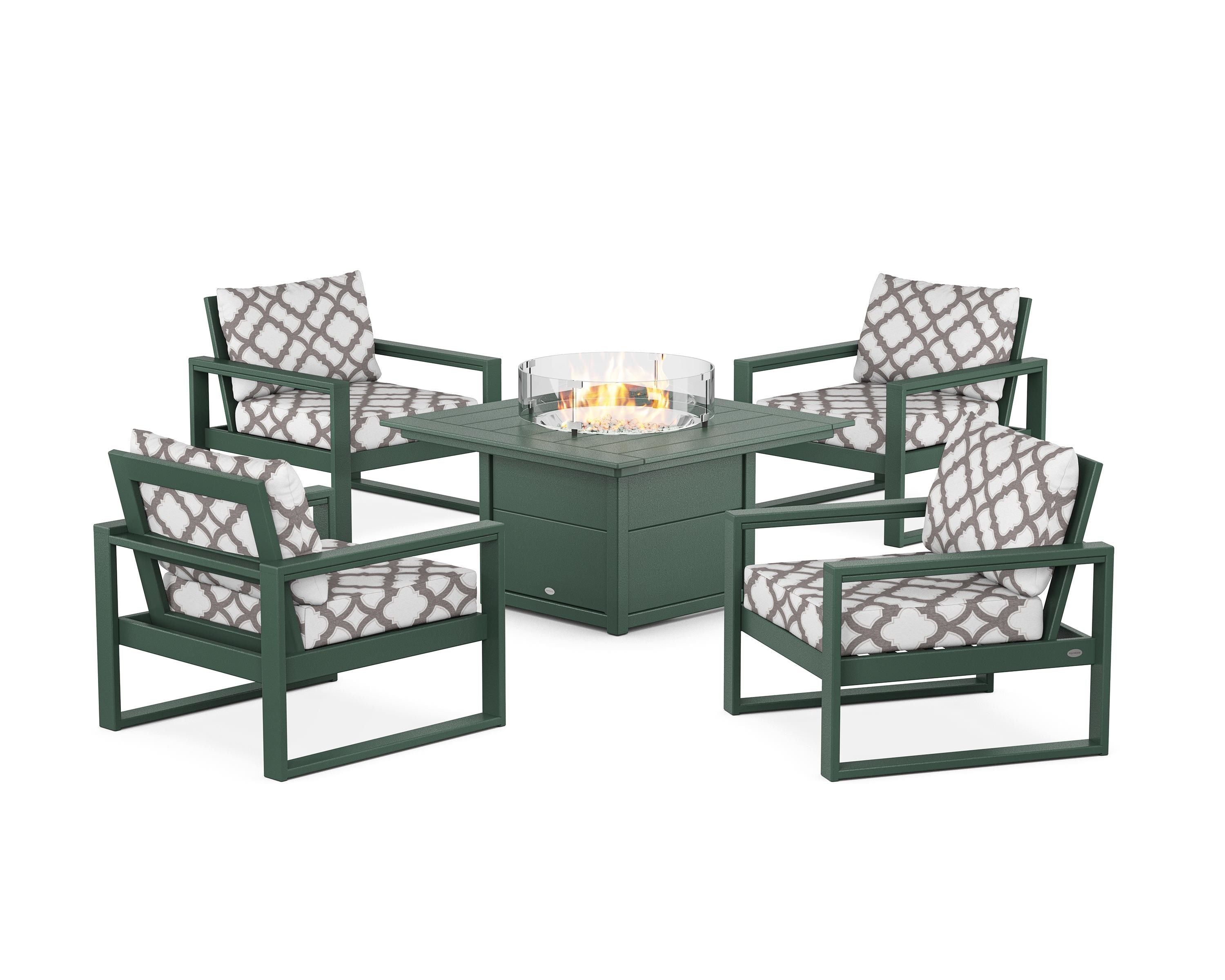 POLYWOOD® EDGE Sectional 5-Piece Deep Seating Set with Fire Pit Table in Green / Trellis Grey Mist