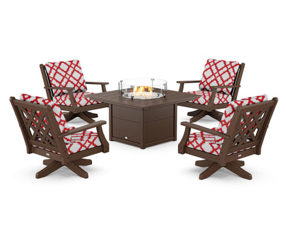 Country Living Wovendale 5-Piece Deep Seating Swivel Conversation Set with Fire Pit Table in Mahogany / Trellis Crimson