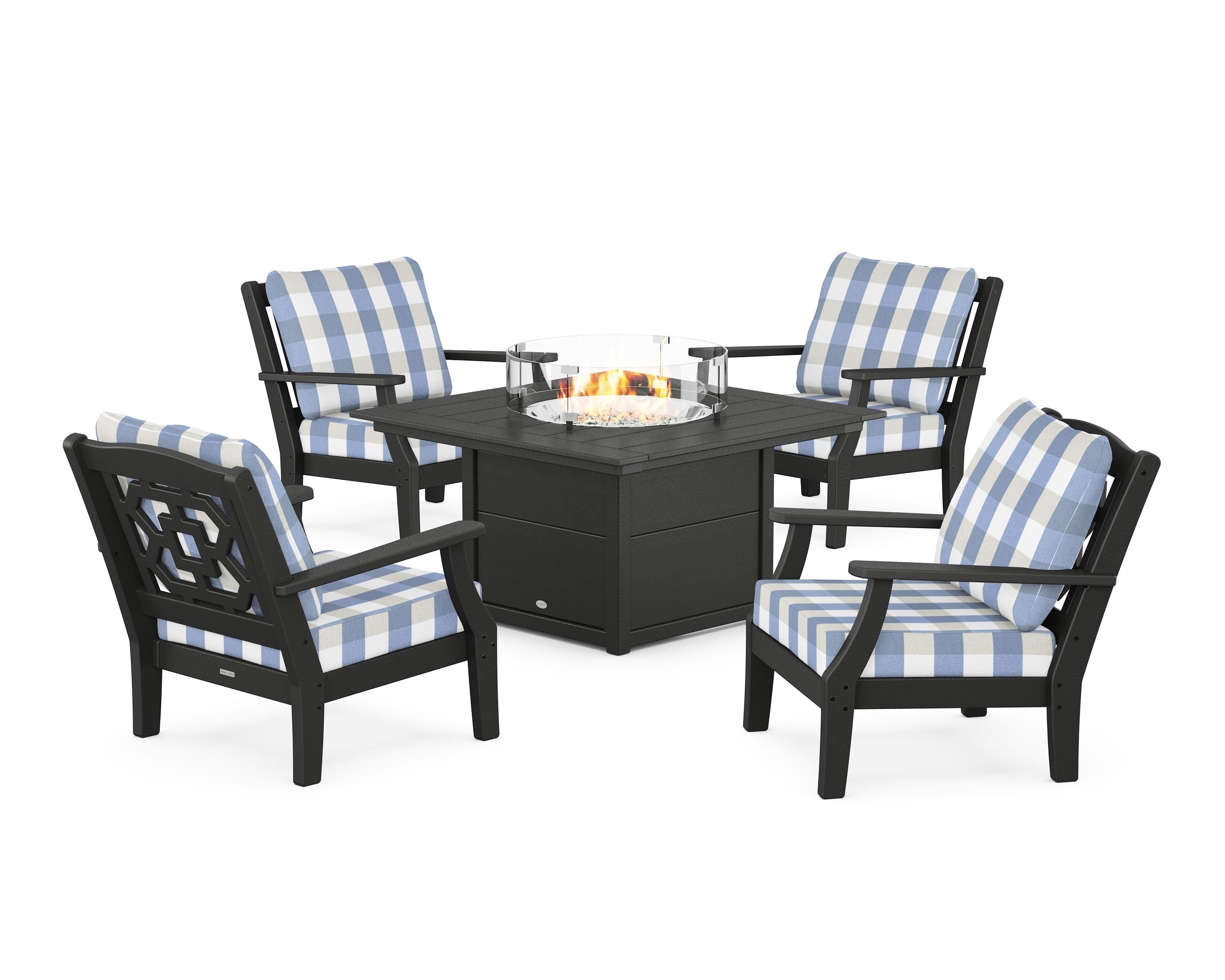 Martha Stewart by POLYWOOD® Chinoiserie 5-Piece Deep Seating Set with Fire Pit Table in Black / Buffalo Plaid Sky Blue