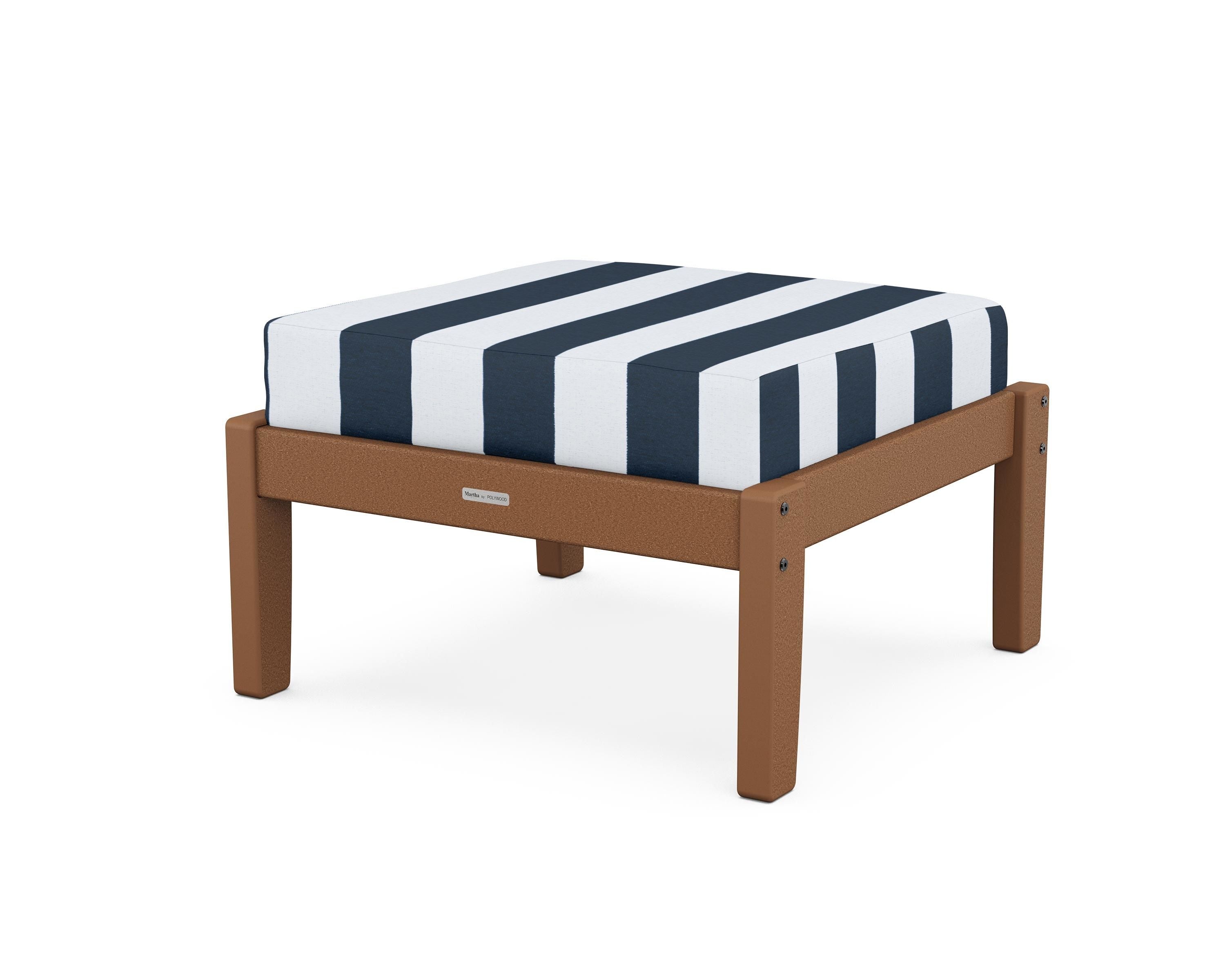 Martha Stewart by POLYWOOD® Chinoiserie Deep Seating Ottoman in Teak / Cabana Stripe Marine Indigo