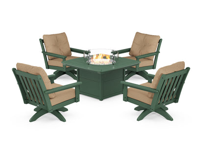 POLYWOOD® Vineyard 5-Piece Deep Seating Swivel Conversation Set with Fire Pit Table in Green / Sesame