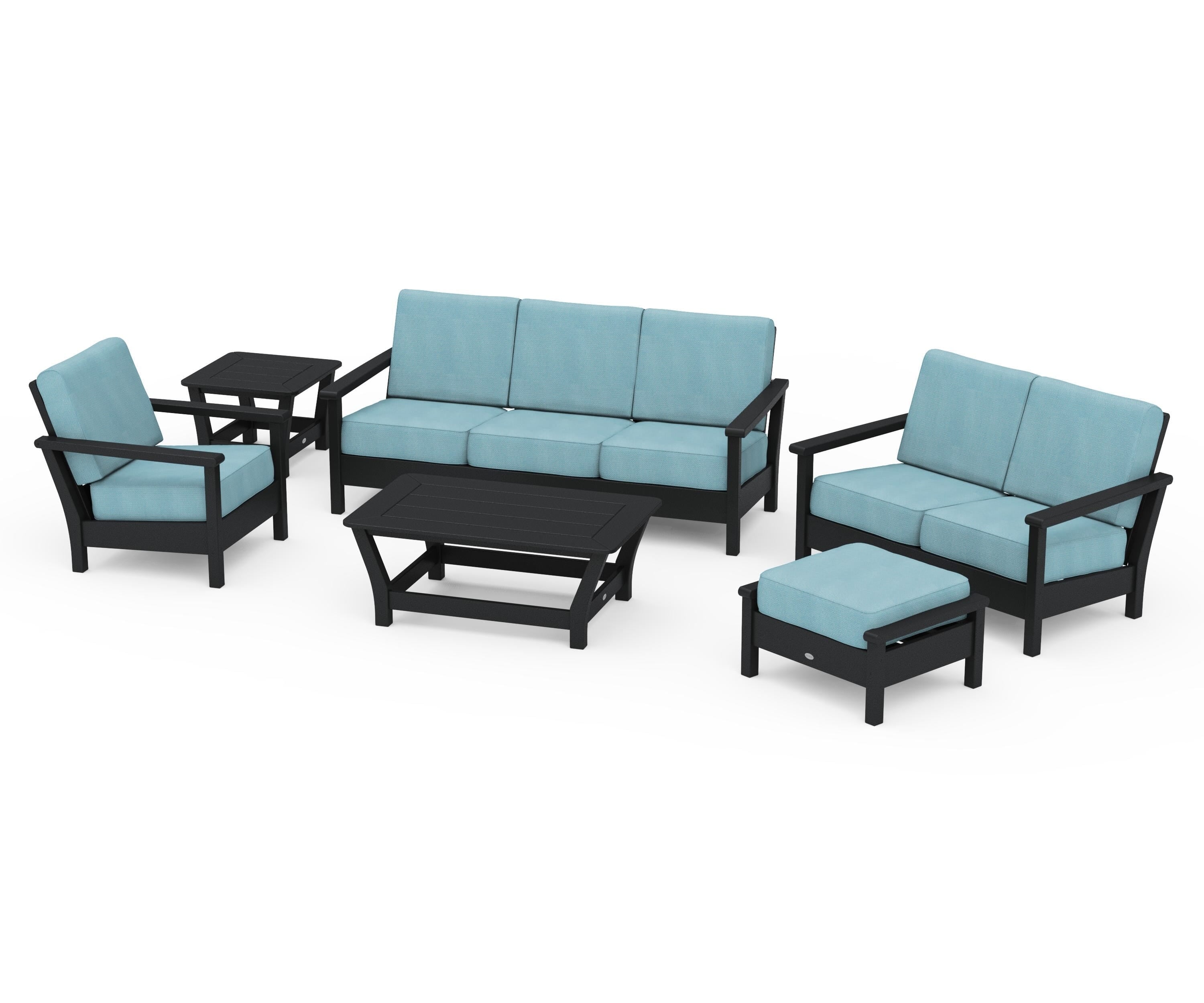 POLYWOOD® Harbour 6-Piece Outdoor Living Set in Black / Lattice Sky Blue