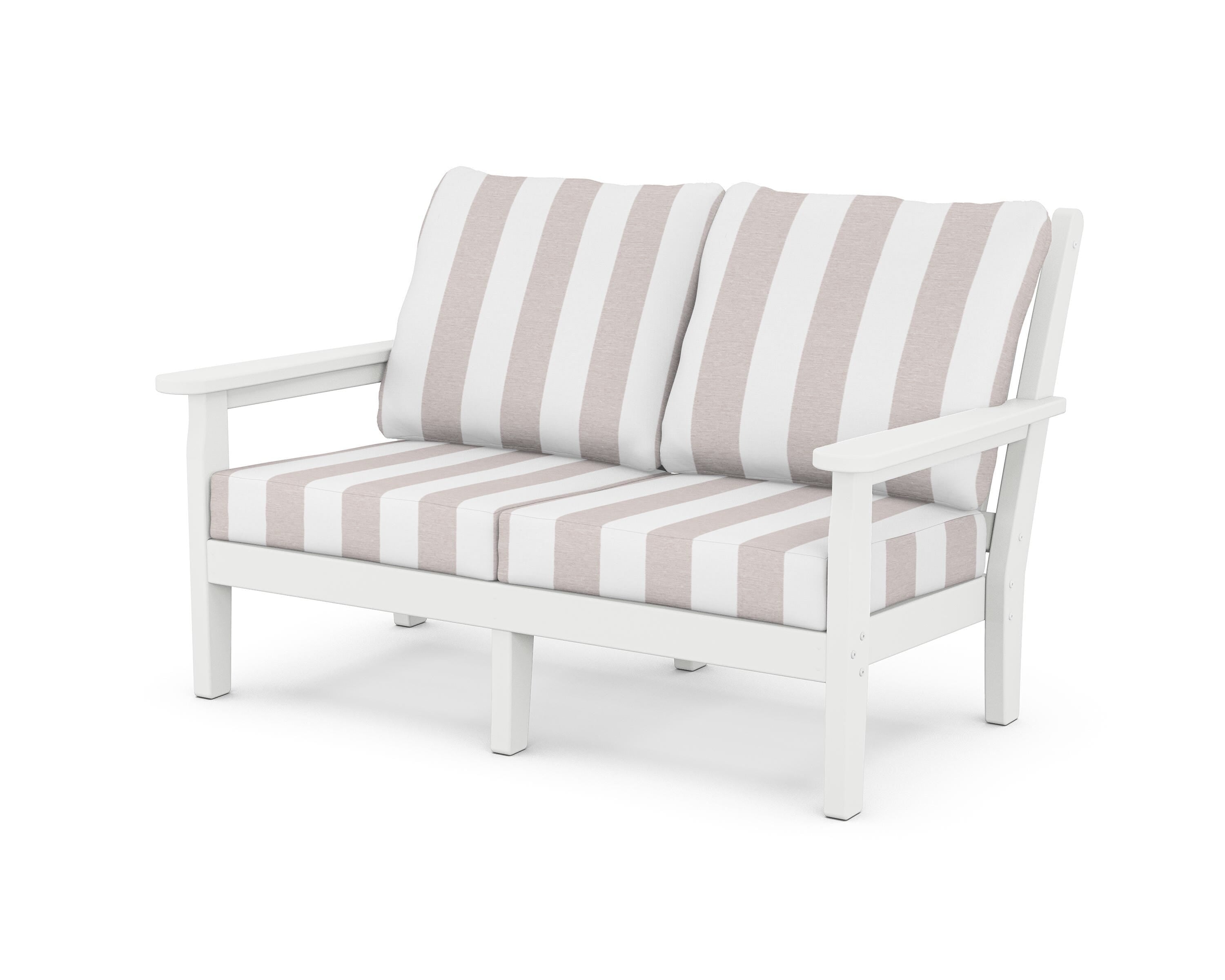 POLYWOOD® Chippendale Deep Seating Loveseat in White / Cabana Stripe Dune Burlap