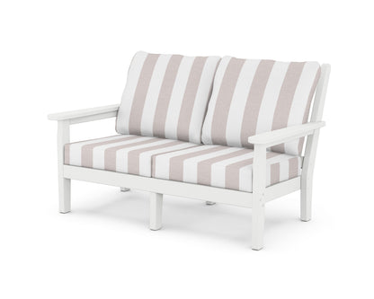 POLYWOOD® Chippendale Deep Seating Loveseat in White / Cabana Stripe Dune Burlap