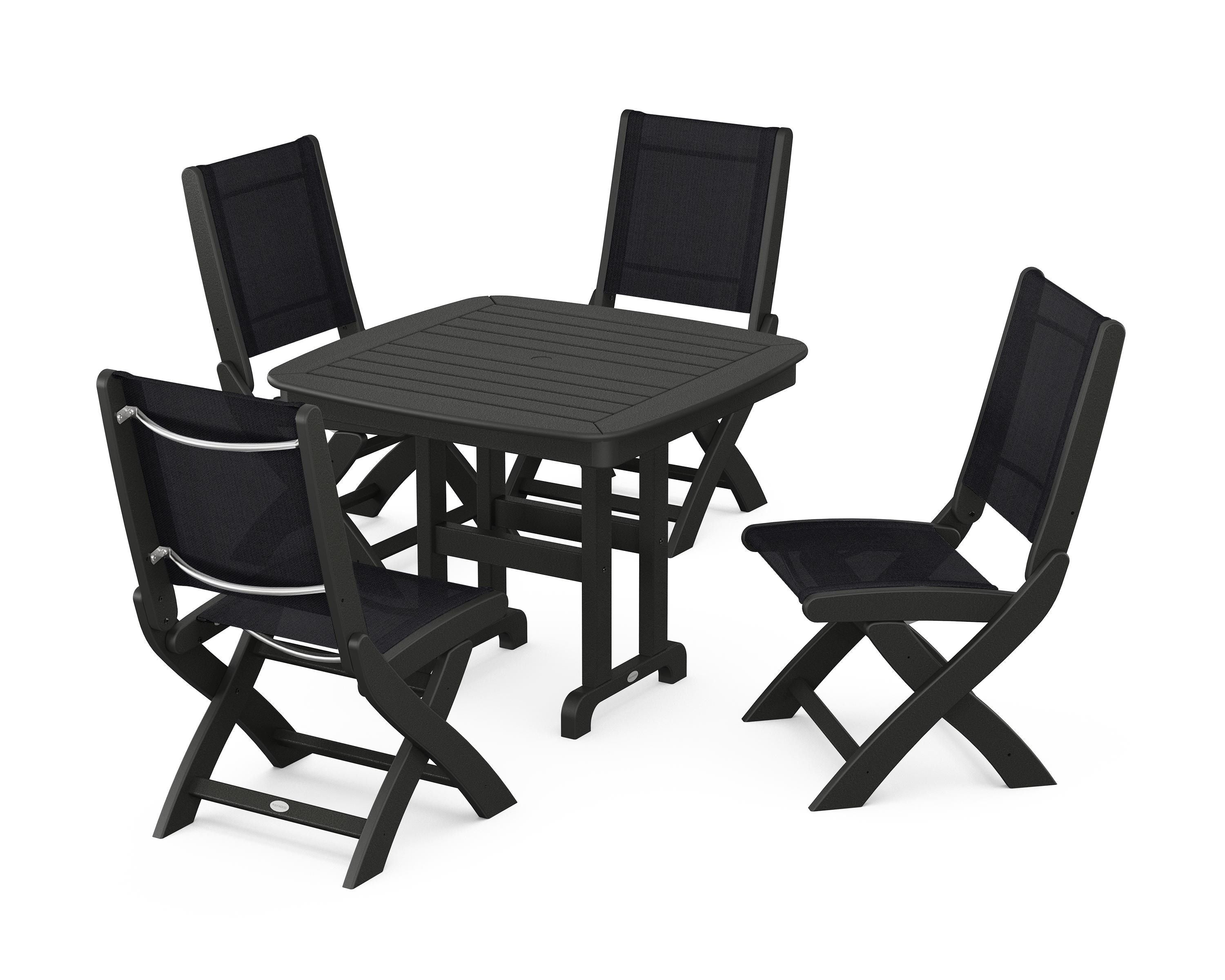 POLYWOOD® Coastal Folding Side Chair 5-Piece Dining Set in Black / Black Sling