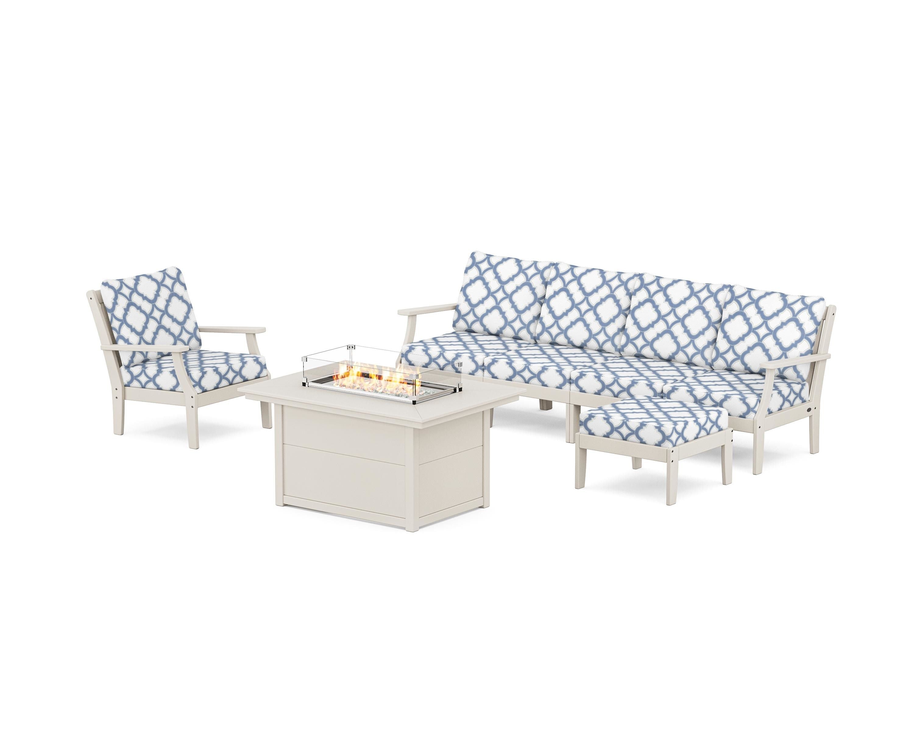 POLYWOOD® Braxton Sectional Lounge and Fire Pit Set in Sand / Trellis Sky Blue