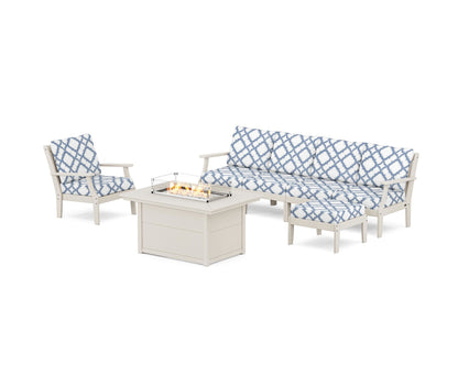POLYWOOD® Braxton Sectional Lounge and Fire Pit Set in Sand / Trellis Sky Blue