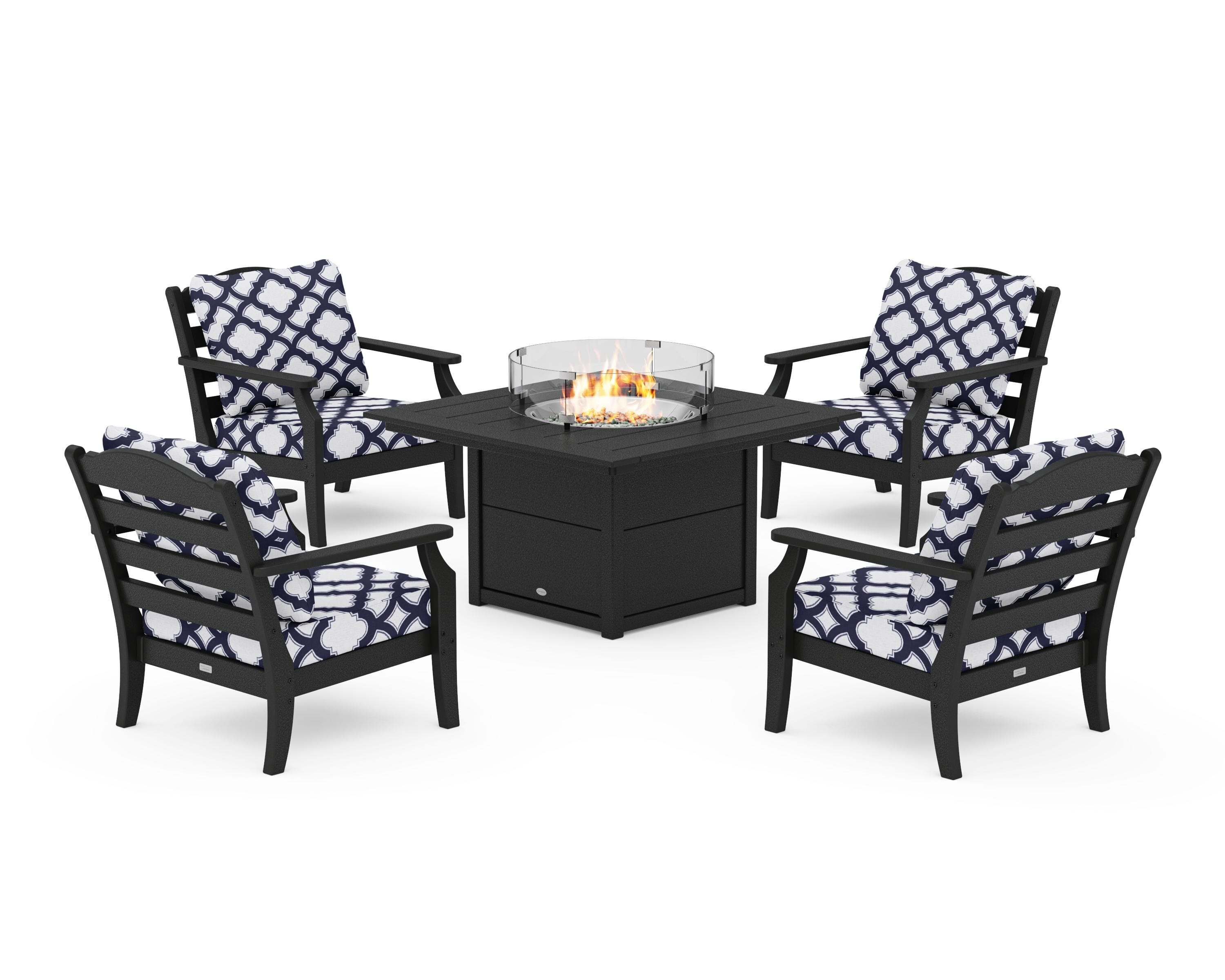 Draper James™ by  POLYWOOD® Savannah 5-Piece Deep Seating Set with Fire Pit Table in Black / Trellis Navy
