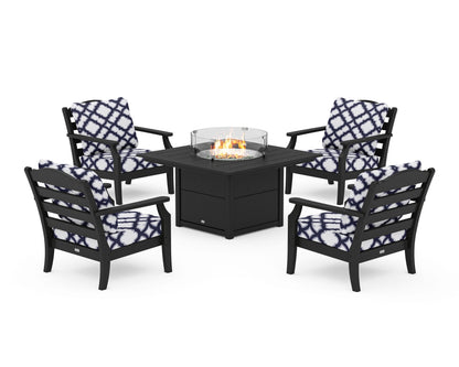 Draper James™ by  POLYWOOD® Savannah 5-Piece Deep Seating Set with Fire Pit Table in Black / Trellis Navy