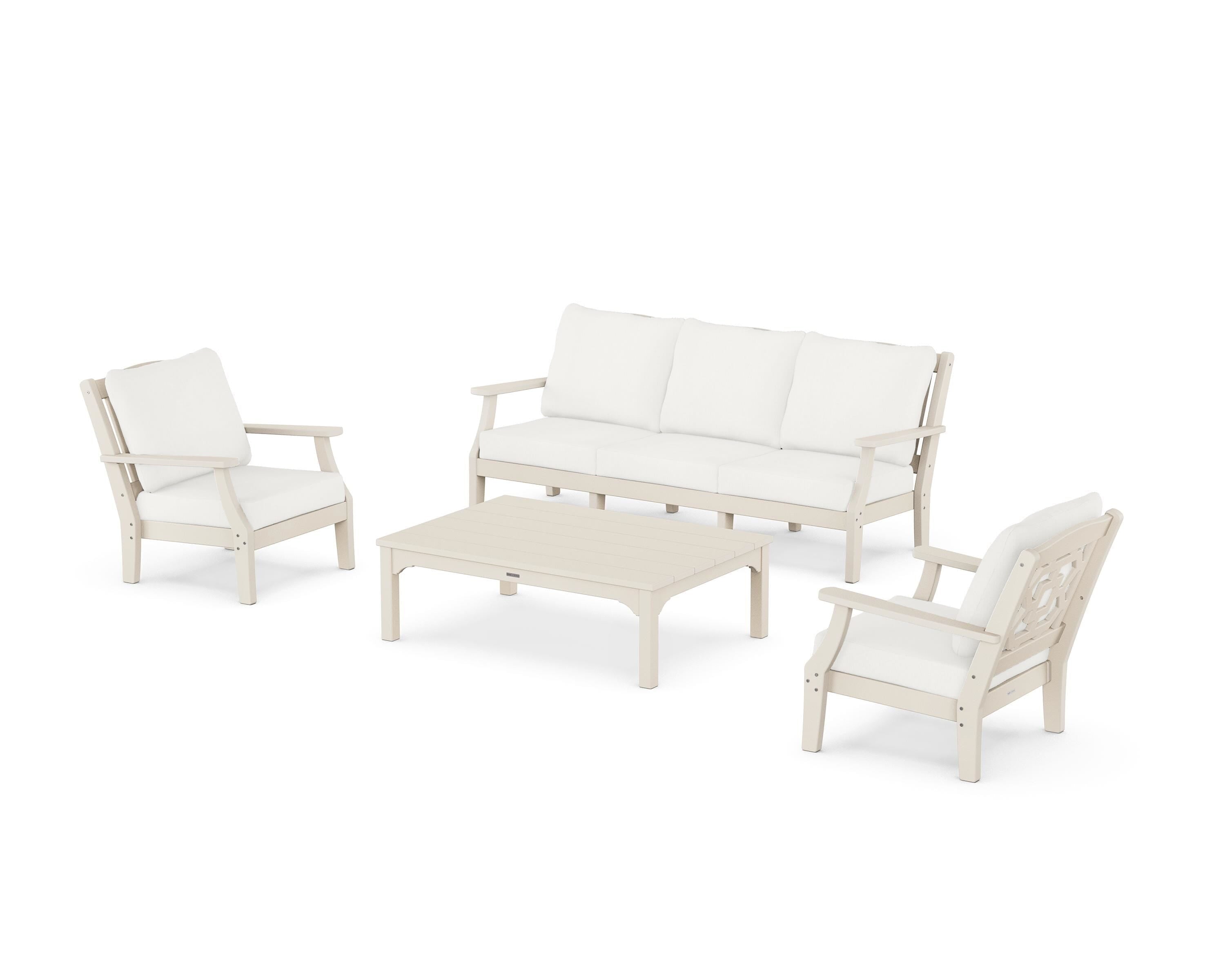 Martha Stewart by POLYWOOD® Chinoiserie 4-Piece Deep Seating Set with Sofa in Sand / Natural Linen