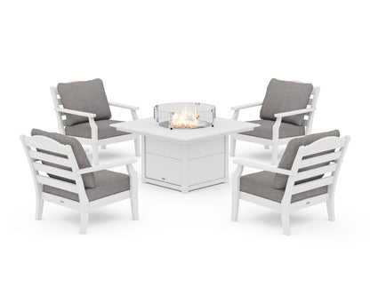 Draper James™ by  POLYWOOD® Savannah 5-Piece Deep Seating Set with Fire Pit Table in White / Grey Mist