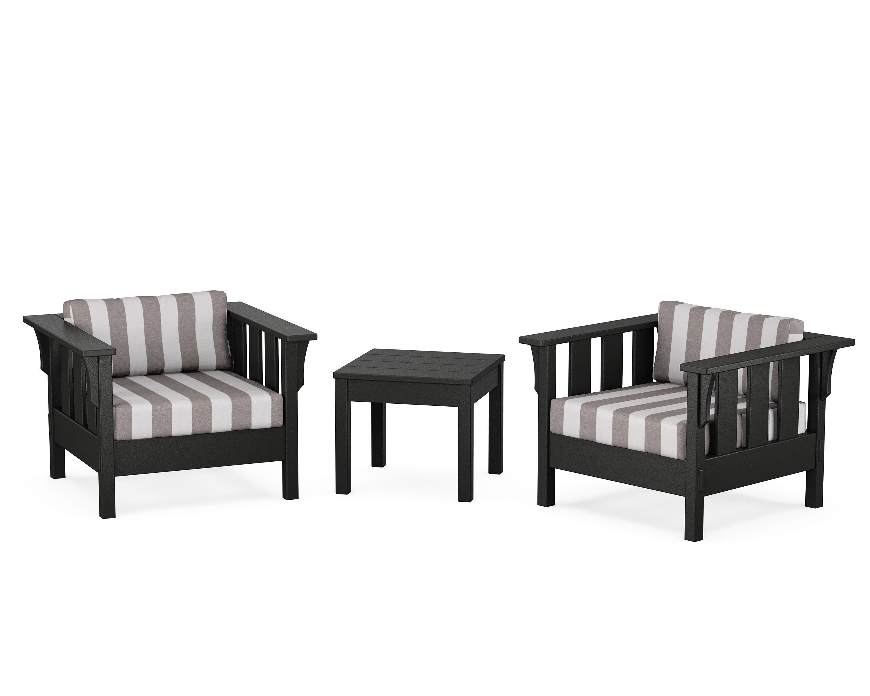 Martha Stewart by POLYWOOD® Acadia 3-Piece Deep Seating Set in Black / Cabana Stripe Grey Mist