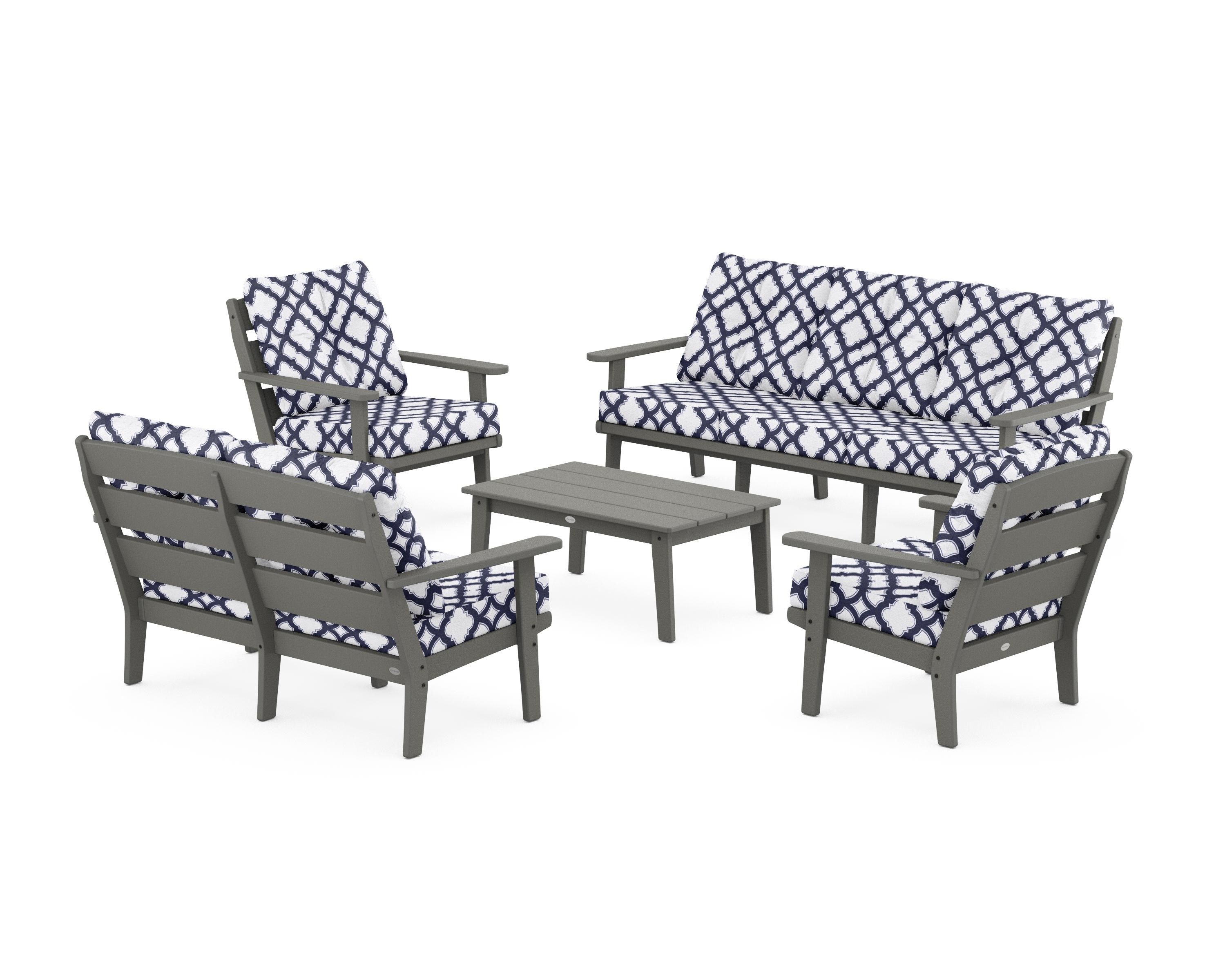 POLYWOOD® Lakeside 5-Piece Lounge Sofa Set in Slate Grey / Trellis Navy