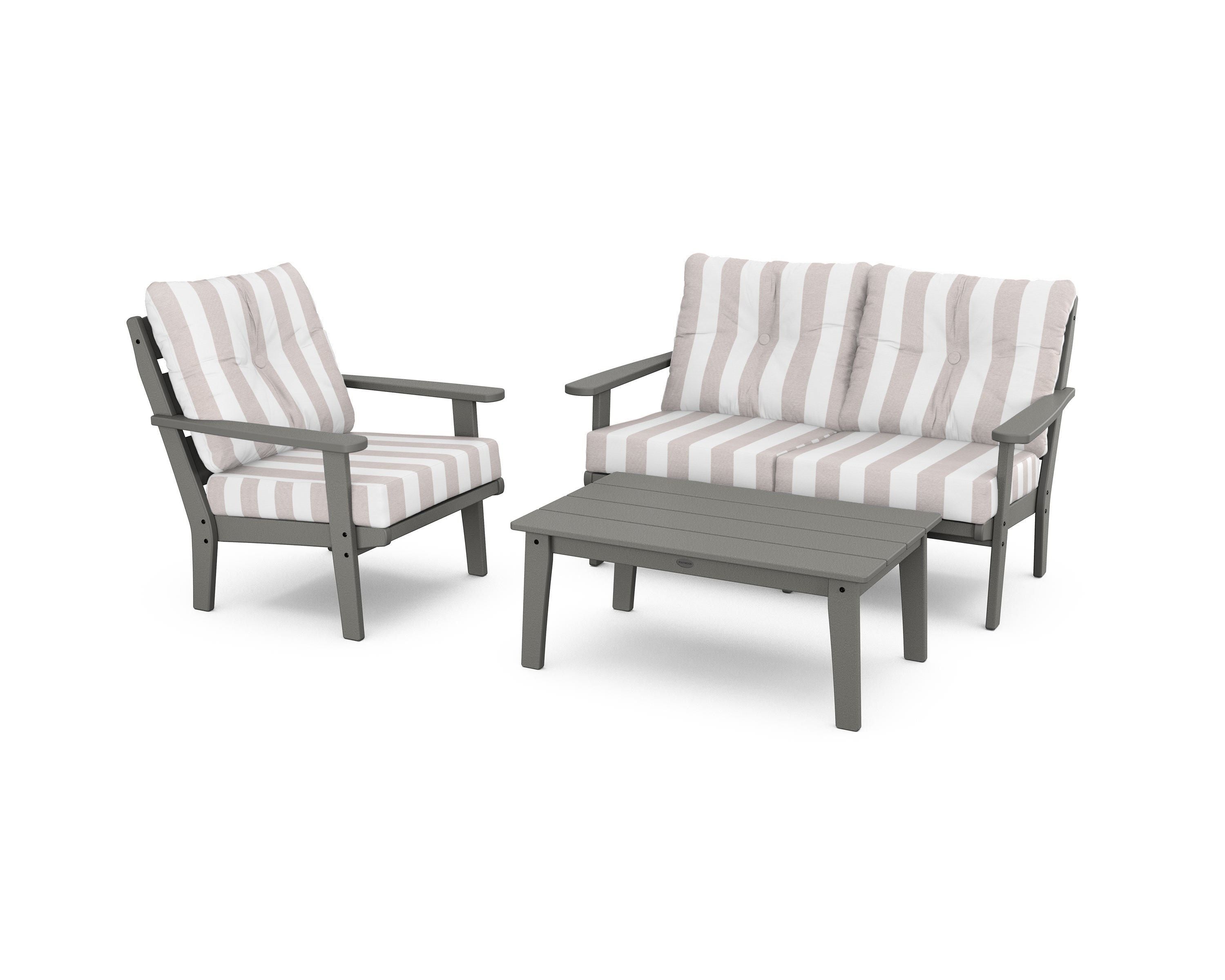 POLYWOOD® Lakeside 3-Piece Deep Seating Set in Slate Grey / Cabana Stripe Dune Burlap