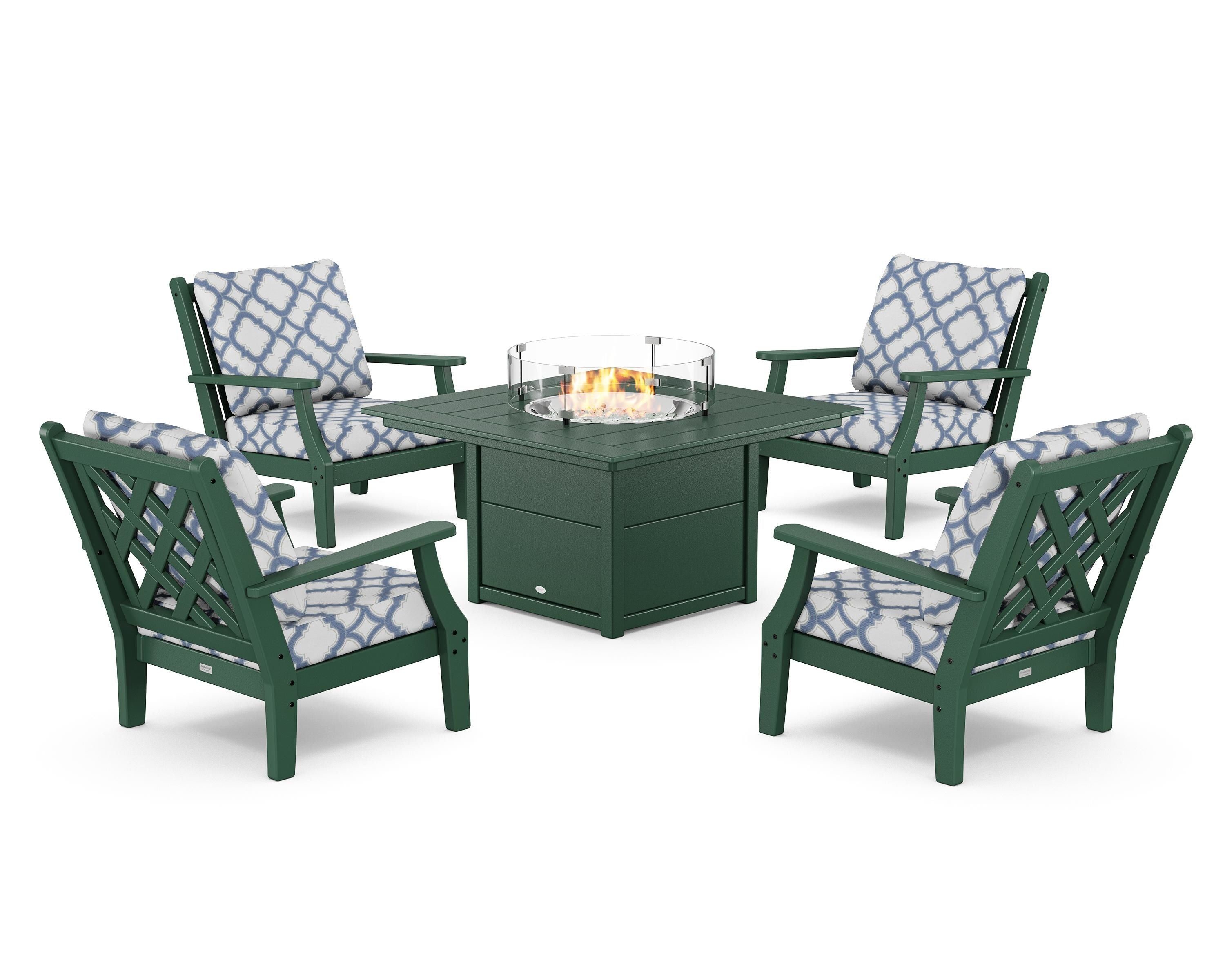 Country Living Wovendale 5-Piece Deep Seating Set with Fire Pit Table in Green / Trellis Sky Blue